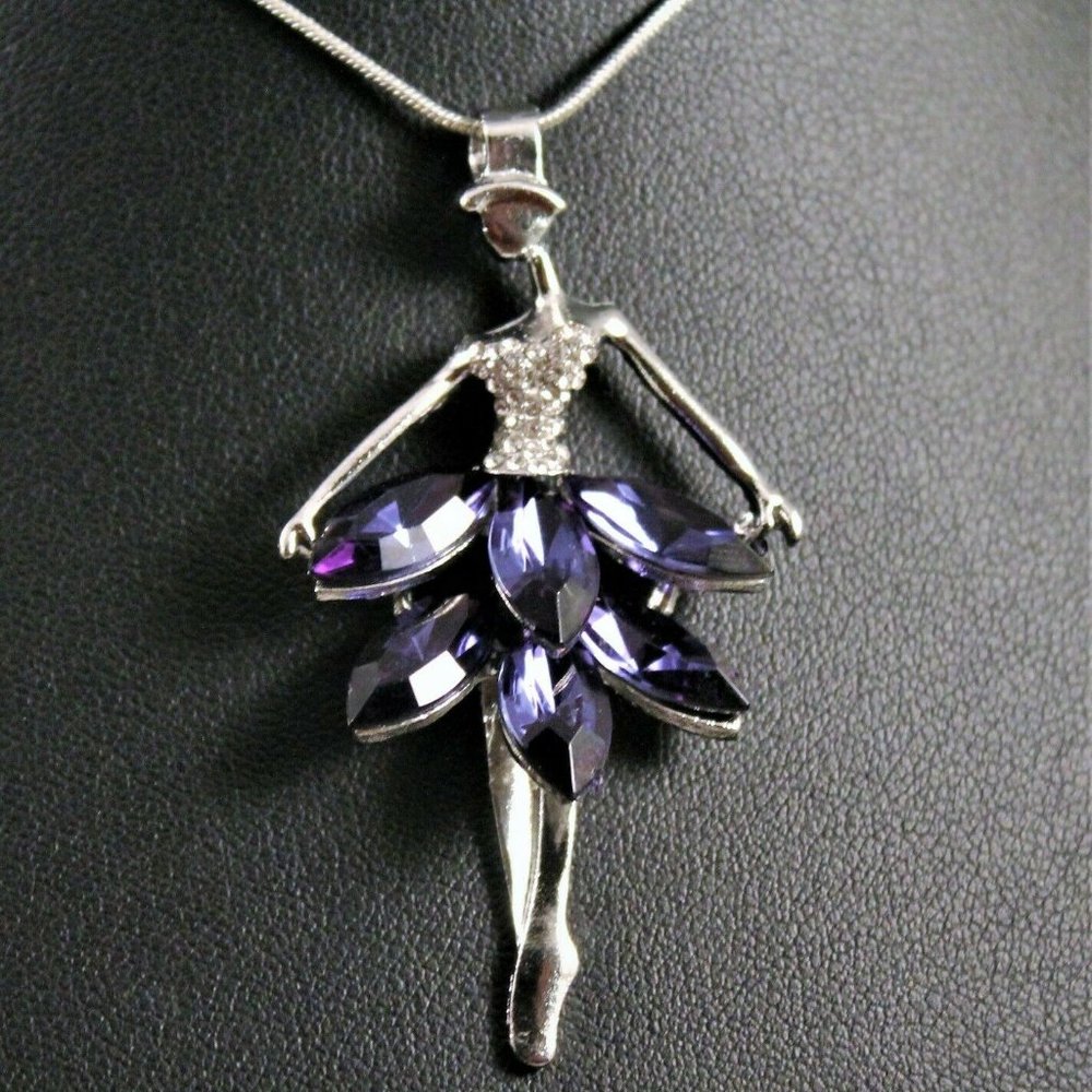 Silver Rhinestone Blue Gem Ballerina Pendant